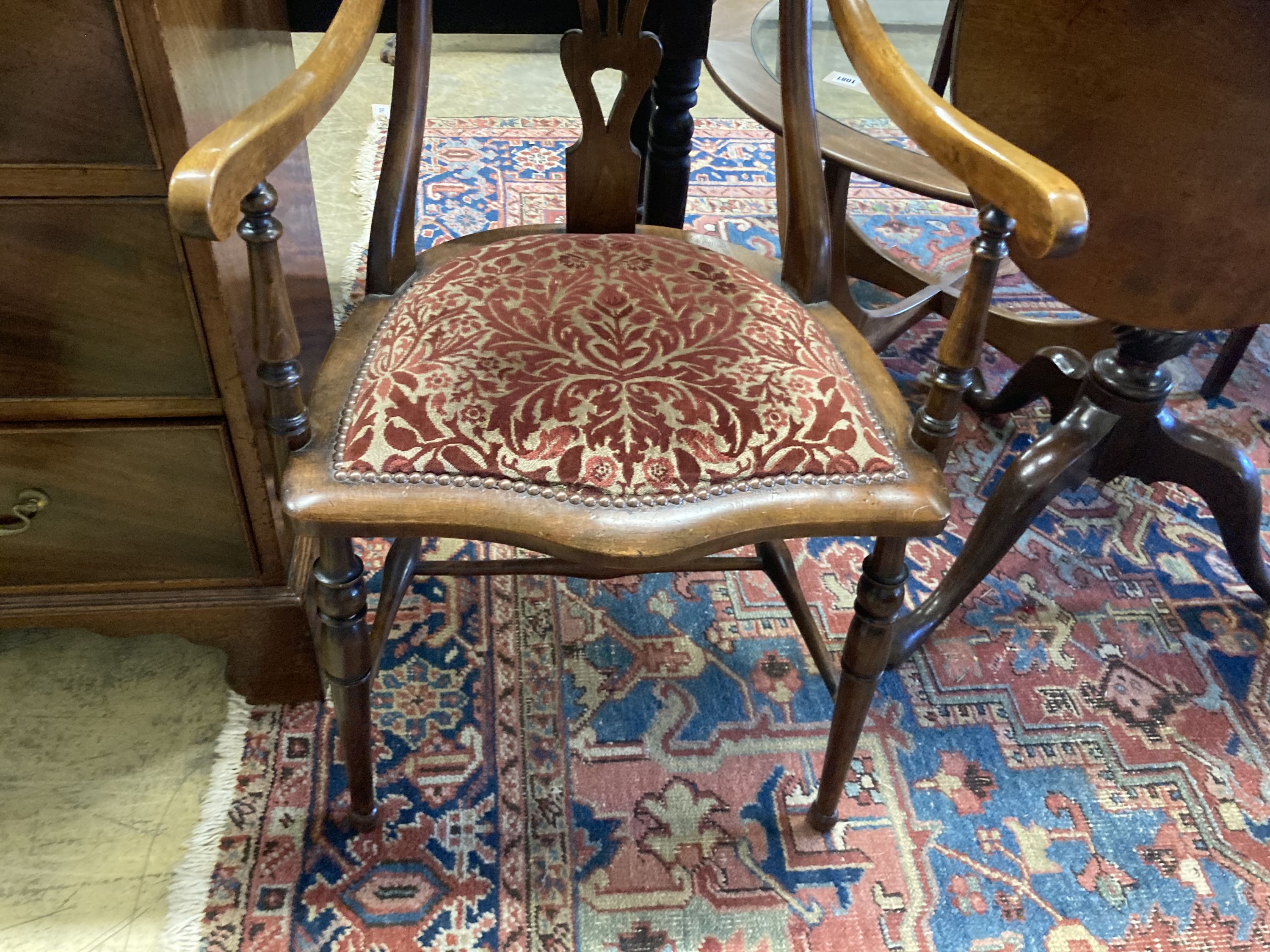 An Art Nouveau marquetry inlaid mahogany and beech elbow chair, width 53cm, depth 54cm, height 104cm